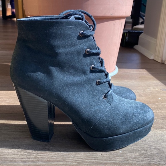 Platform black boots faux suede wooden block heel lace up fall booties - Picture 1 of 8